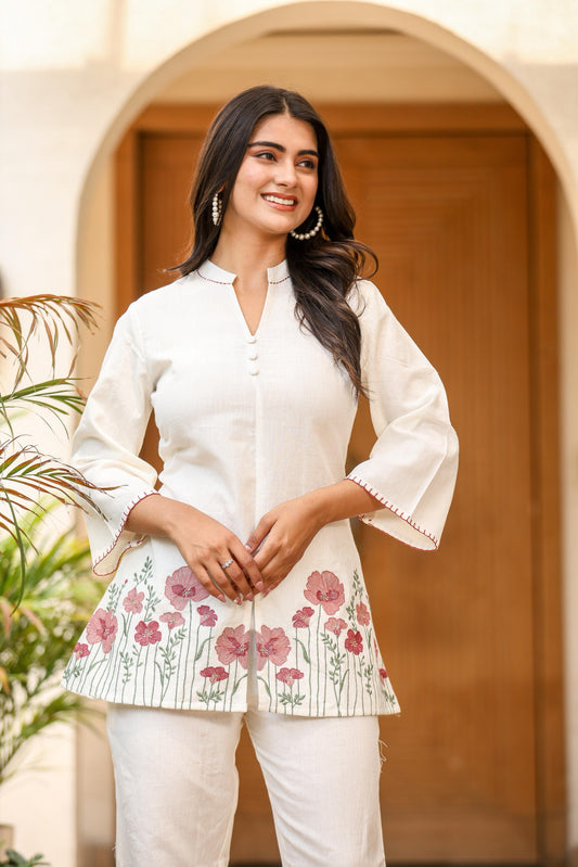 White Floral Embroidered Tunic & Pant Co-ord Set