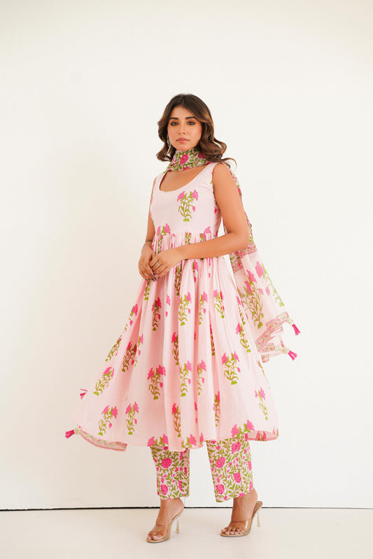 Pink Handblock Anarkali Set