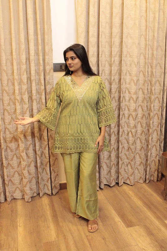 Lime Green Mirror Work Cotton Co-ord Set for Women | Festive & Casual Ethnic Wear