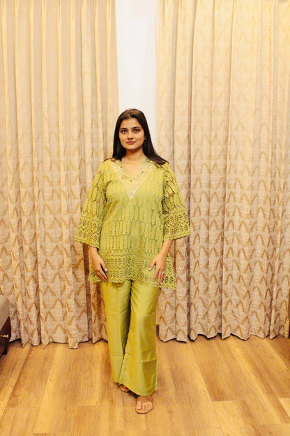 Lime Green Mirror Work Cotton Co-ord Set for Women | Festive & Casual Ethnic Wear