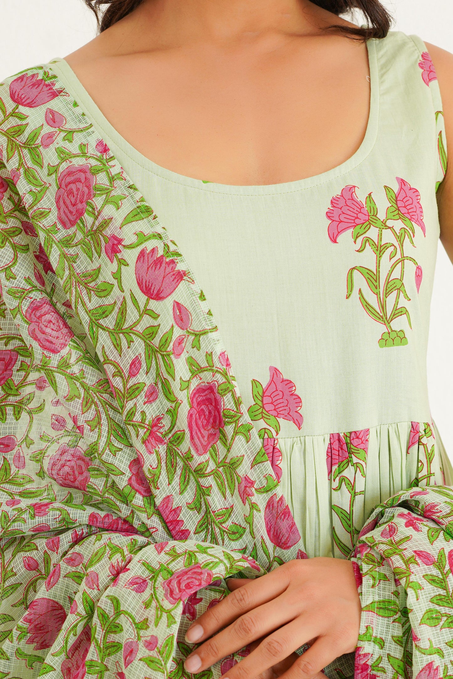 Mint Green Handblock Anarkali Set