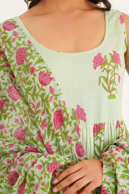 Mint Green Handblock Anarkali Set