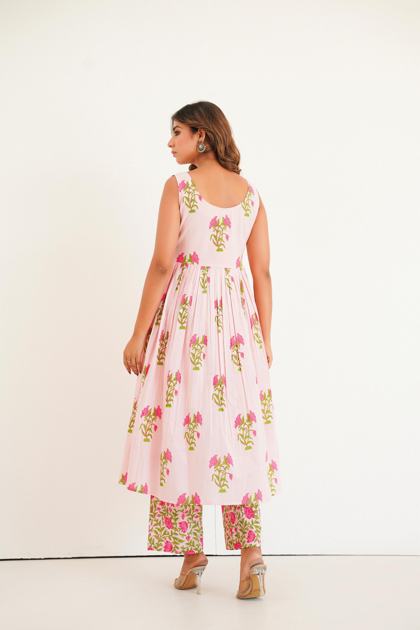 Pink Handblock Anarkali Set