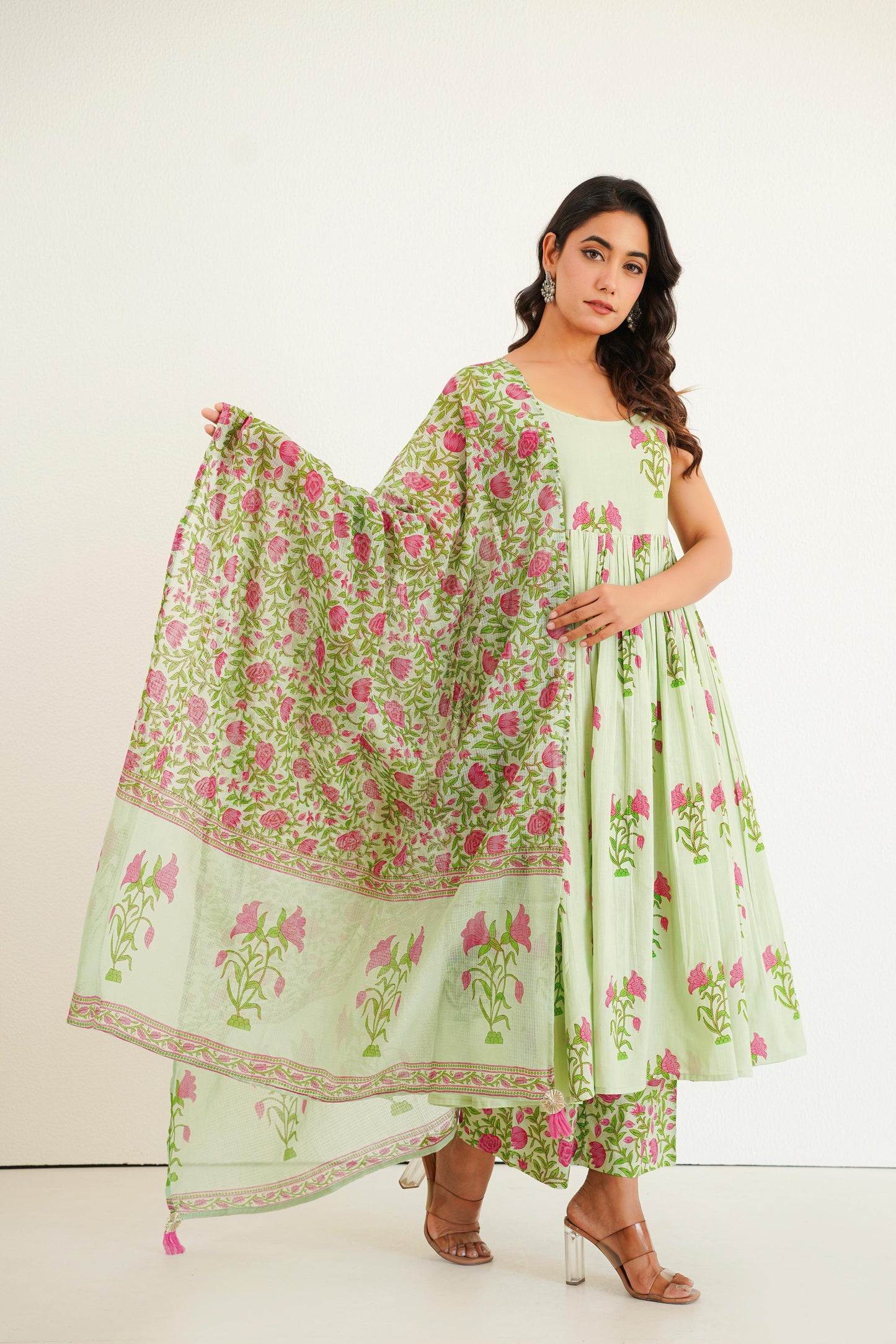 Mint Green Handblock Anarkali Set