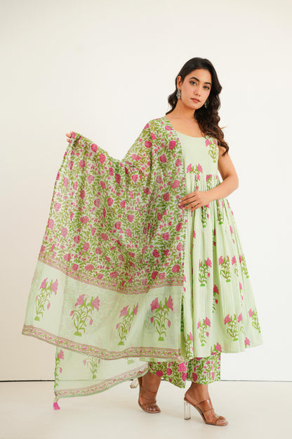 Mint Green Handblock Anarkali Set
