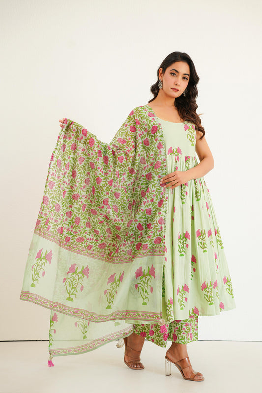 Mint Green Handblock Anarkali Set