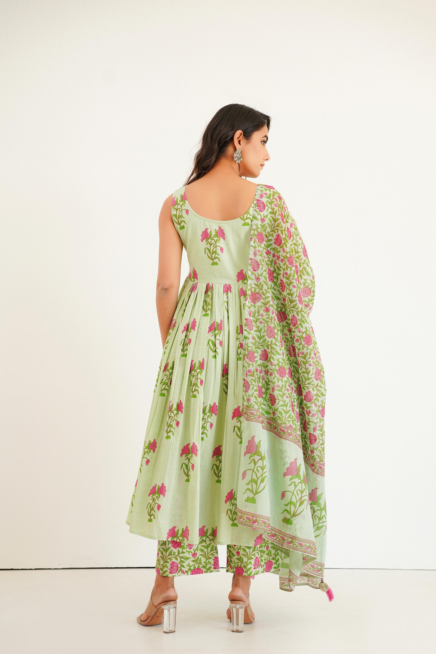Mint Green Handblock Anarkali Set