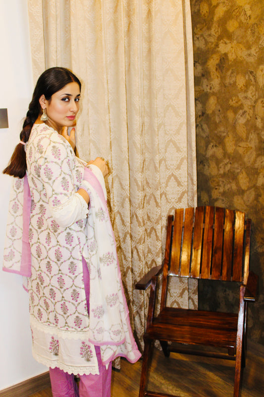 Ivory & Lavender Handblock Print Cotton Suit Set with Dupatta | Traditional Ethnic Wear for Women