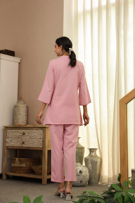 Pink Floral Embroidered Tunic & Pant Co-ord Set