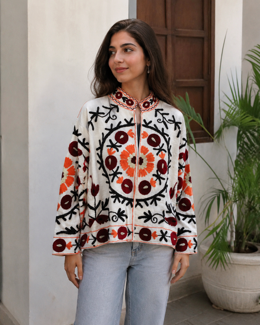 Handcrafted Suzani Embroidered Cotton Jacket – Floral Artisan Open Front Jacket