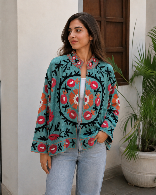 Handcrafted Suzani Embroidered Cotton Jacket – Floral Artisan Open Front Jacket (Copy)