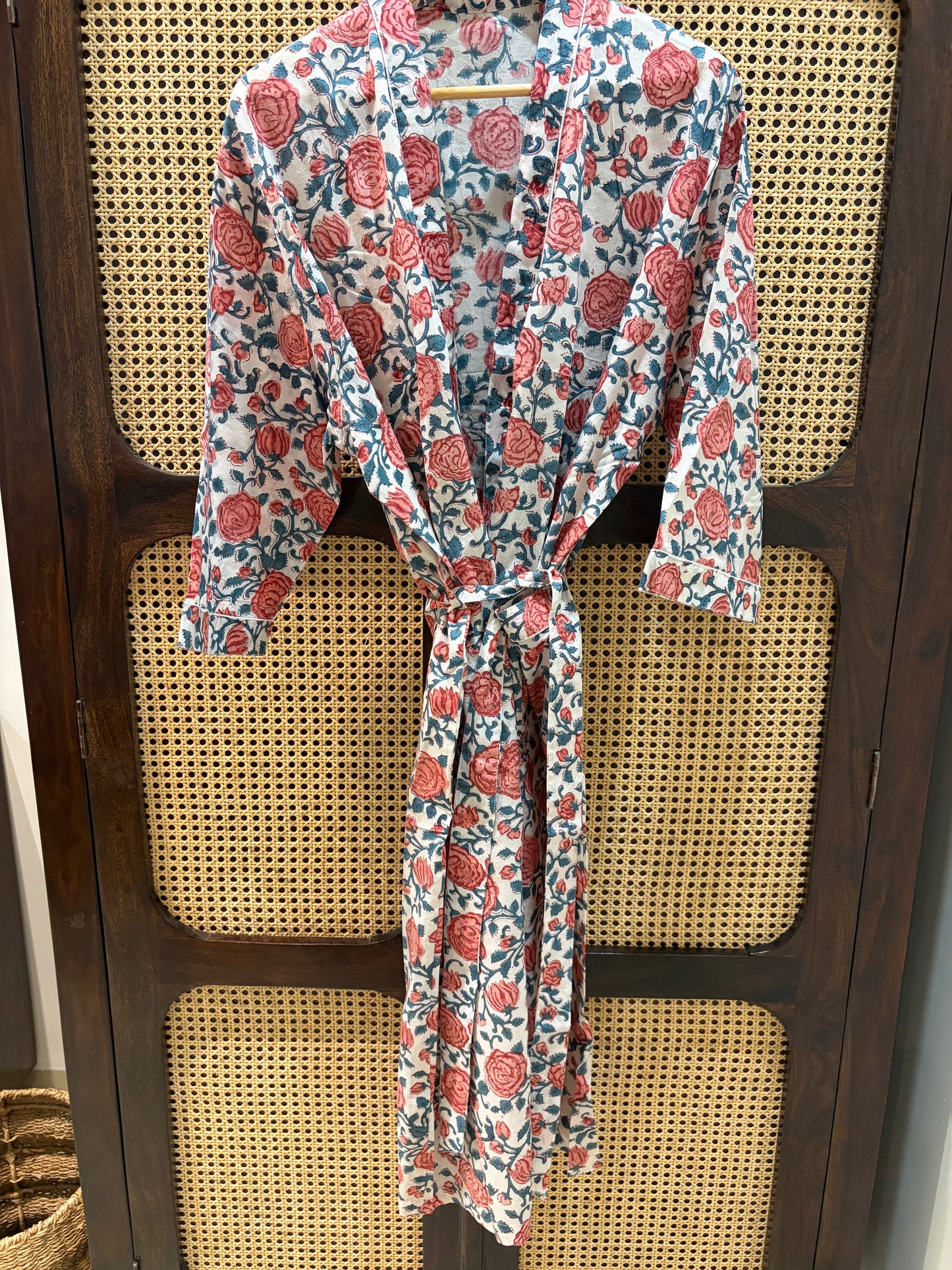 Women’s Red Floral Printed Long Kimono Robe – Indian Cotton Boho Open Front Cover Up