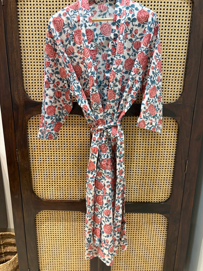 Women’s Red Floral Printed Long Kimono Robe – Indian Cotton Boho Open Front Cover Up
