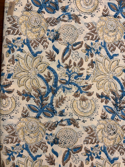100% Cotton Hand Block Print Fabric | Blue Beige Floral Indian Cotton Fabric by the Yard | Soft Natural Fabric for Dresses, Quilts, Home Decor & Craft