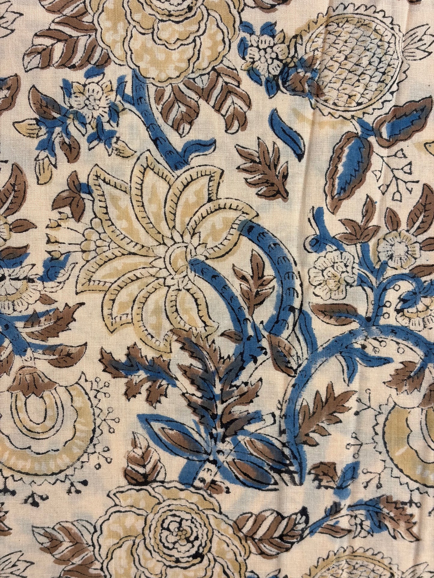 100% Cotton Hand Block Print Fabric | Blue Beige Floral Indian Cotton Fabric by the Yard | Soft Natural Fabric for Dresses, Quilts, Home Decor & Craft