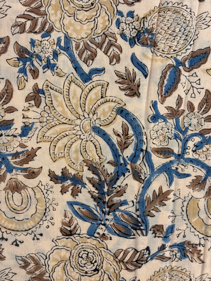 100% Cotton Hand Block Print Fabric | Blue Beige Floral Indian Cotton Fabric by the Yard | Soft Natural Fabric for Dresses, Quilts, Home Decor & Craft