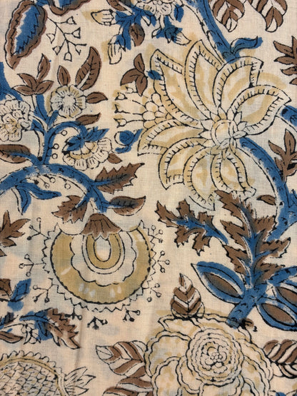 100% Cotton Hand Block Print Fabric | Blue Beige Floral Indian Cotton Fabric by the Yard | Soft Natural Fabric for Dresses, Quilts, Home Decor & Craft