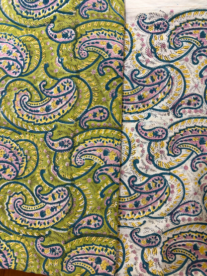 100% Cotton Hand Block Print Paisley Fabric | Green Floral Printed Cotton Fabric | Indian Jaipur Fabric for Apparel, Home Decor & Quilting | Wholesale Manufacturer
