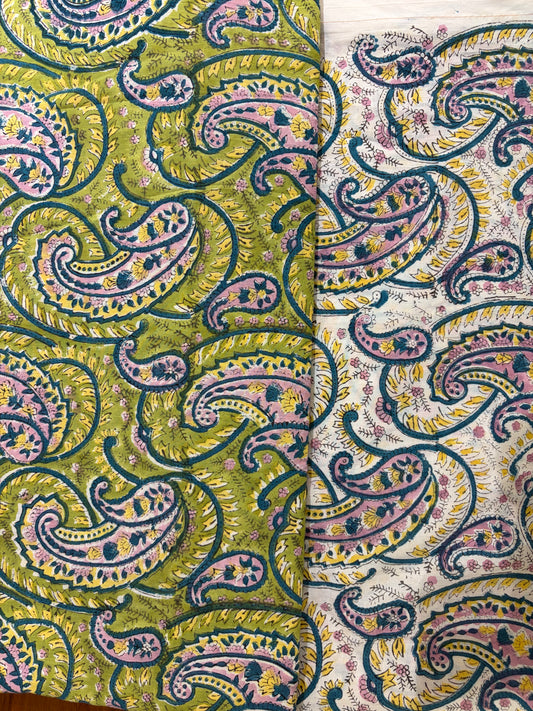 100% Cotton Hand Block Print Paisley Fabric | Green Floral Printed Cotton Fabric | Indian Jaipur Fabric for Apparel, Home Decor & Quilting | Wholesale Manufacturer