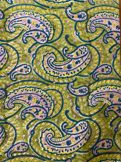100% Cotton Hand Block Print Paisley Fabric | Green Floral Printed Cotton Fabric | Indian Jaipur Fabric for Apparel, Home Decor & Quilting | Wholesale Manufacturer