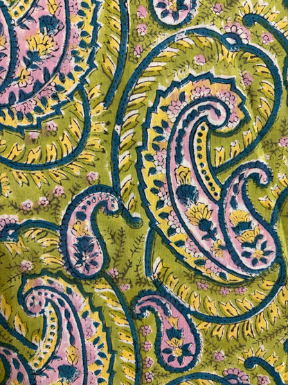 100% Cotton Hand Block Print Paisley Fabric | Green Floral Printed Cotton Fabric | Indian Jaipur Fabric for Apparel, Home Decor & Quilting | Wholesale Manufacturer