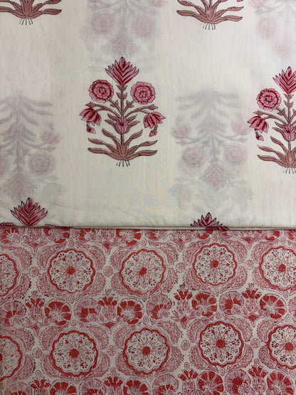 100% Cotton Hand Block Print Fabric Set | Floral Buta & Border Print Cotton Fabric | Indian Jaipur Cotton Fabric for Dress Material, Home Décor & Wholesale