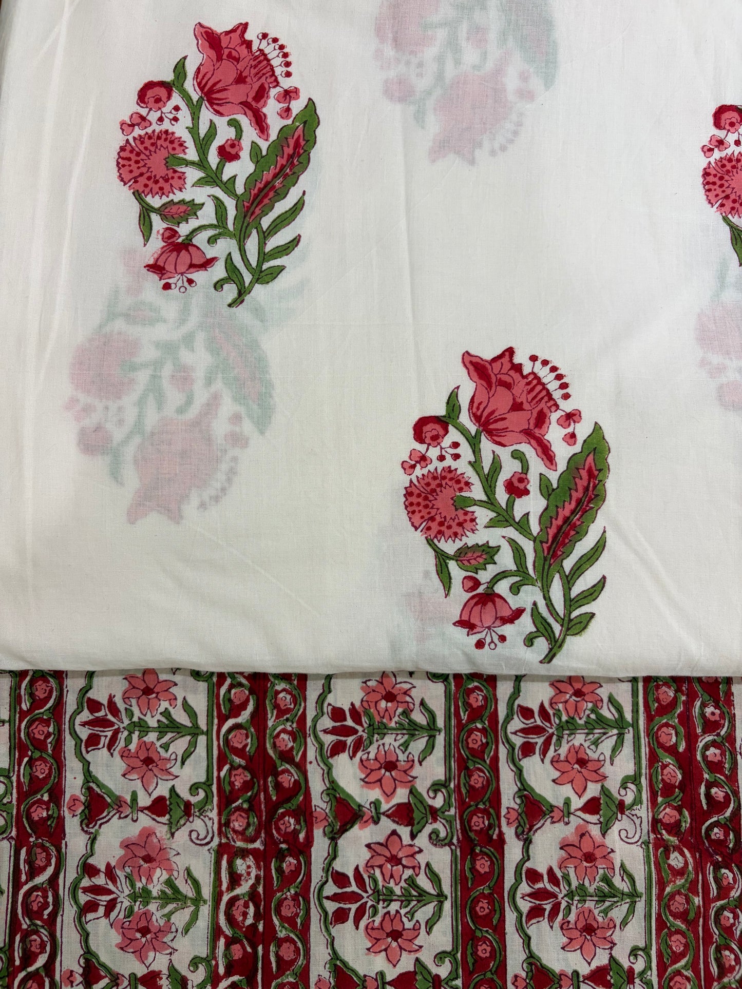 100% Cotton Hand Block Print Fabric Set | Floral Buti with Coordinated Border Print | Jaipur Printed Cotton Dress Material Fabric | Wholesale Manufacturer & Exporter