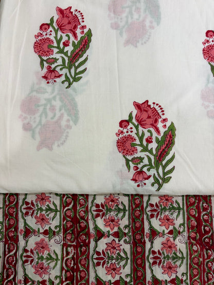 100% Cotton Hand Block Print Fabric Set | Floral Buti with Coordinated Border Print | Jaipur Printed Cotton Dress Material Fabric | Wholesale Manufacturer & Exporter
