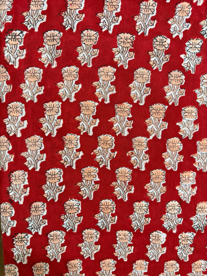 100% Cotton Hand Block Print Fabric | Red Floral Buti Cotton Fabric | Jaipur Printed Cotton Fabric for Dresses, Kurtis, Quilting & Home Décor | Wholesale Manufacturer