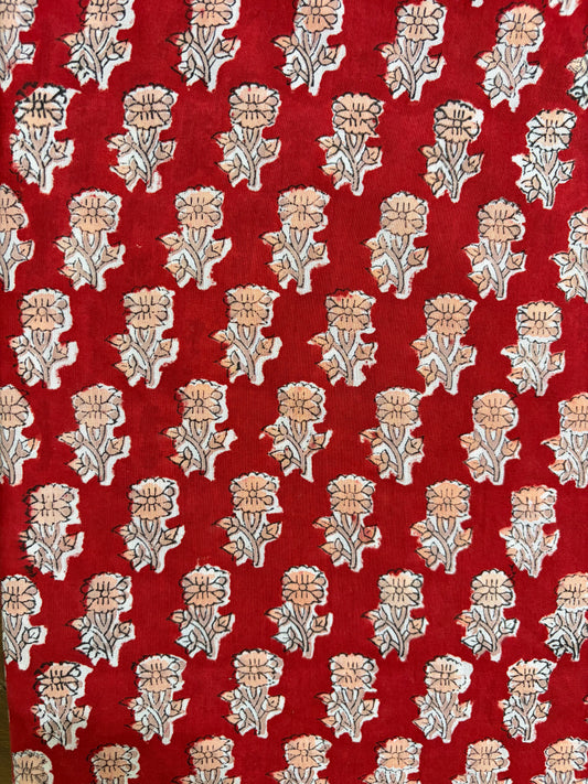 100% Cotton Hand Block Print Fabric | Red Floral Buti Cotton Fabric | Jaipur Printed Cotton Fabric for Dresses, Kurtis, Quilting & Home Décor | Wholesale Manufacturer