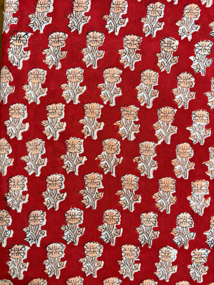 100% Cotton Hand Block Print Fabric | Red Floral Buti Cotton Fabric | Jaipur Printed Cotton Fabric for Dresses, Kurtis, Quilting & Home Décor | Wholesale Manufacturer
