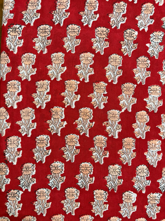 100% Cotton Hand Block Print Fabric | Red Floral Buti Cotton Fabric | Jaipur Printed Cotton Fabric for Dresses, Kurtis, Quilting & Home Décor | Wholesale Manufacturer