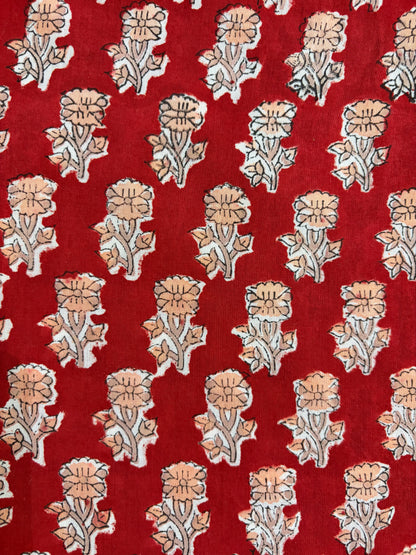 100% Cotton Hand Block Print Fabric | Red Floral Buti Cotton Fabric | Jaipur Printed Cotton Fabric for Dresses, Kurtis, Quilting & Home Décor | Wholesale Manufacturer