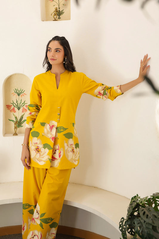 Mustard Floral Co-ord Set - Cotton Kurta & Pants for Women