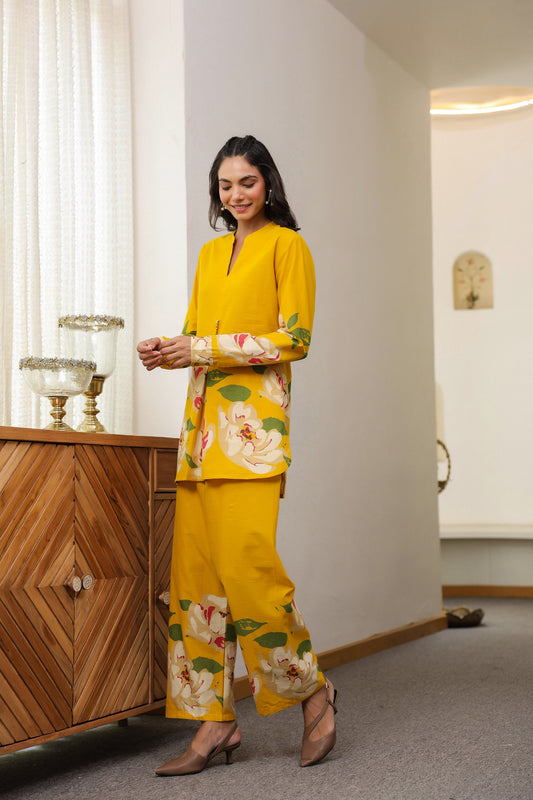 Mustard Floral Co-ord Set - Cotton Kurta & Pants for Women
