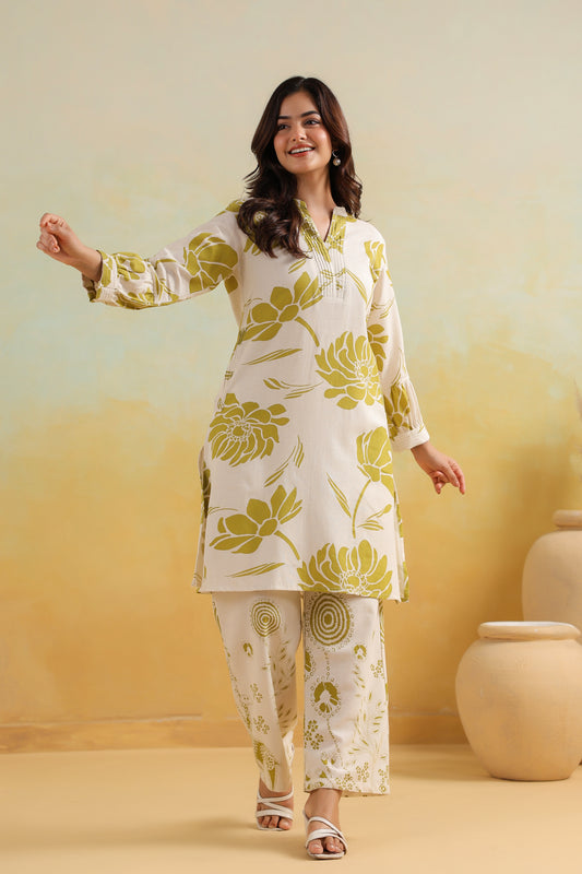 "Ivory & Olive Handblock Floral Co-ord Set | Cotton Summer Kurta Pant Set for Women"