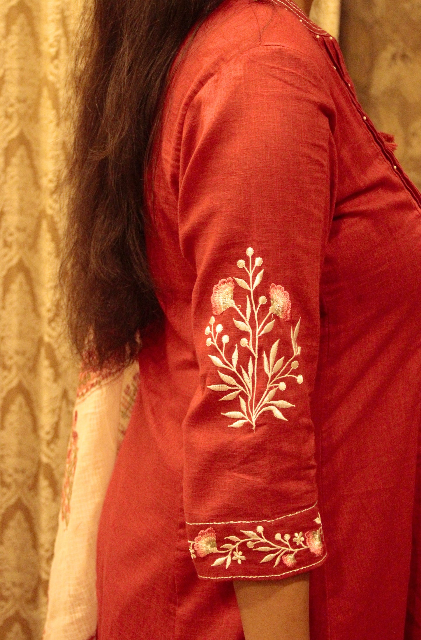 Elegant Red Cotton Kurta Set with Handblock Floral Dupatta – Summer Ethnic Wear - Laal Ishq Three Piece Suit Set