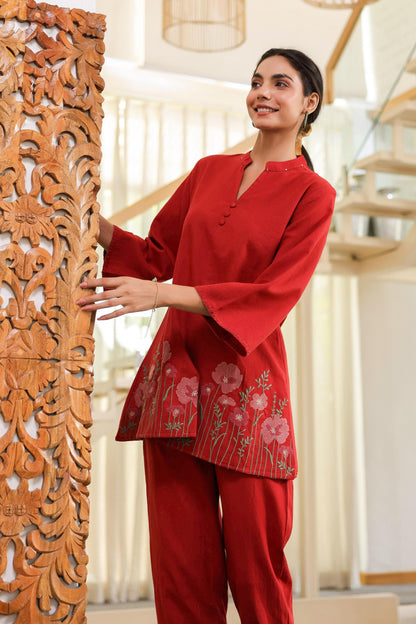 Red Floral Embroidered Tunic & Pant Co-ord Set