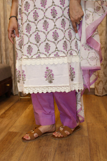 Ivory & Lavender Handblock Print Cotton Suit Set with Dupatta | Traditional Ethnic Wear for Women