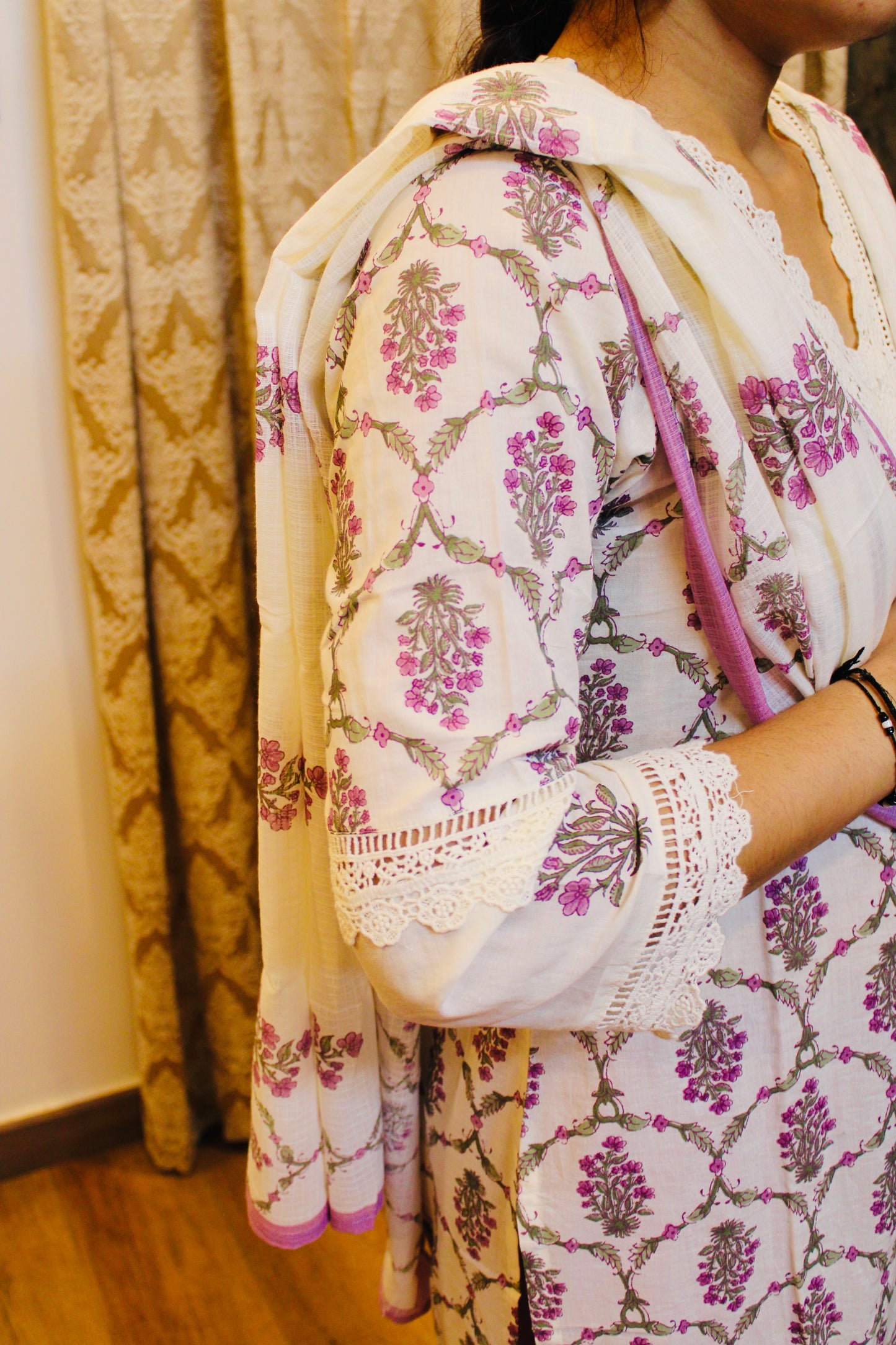Ivory & Lavender Handblock Print Cotton Suit Set with Dupatta | Traditional Ethnic Wear for Women