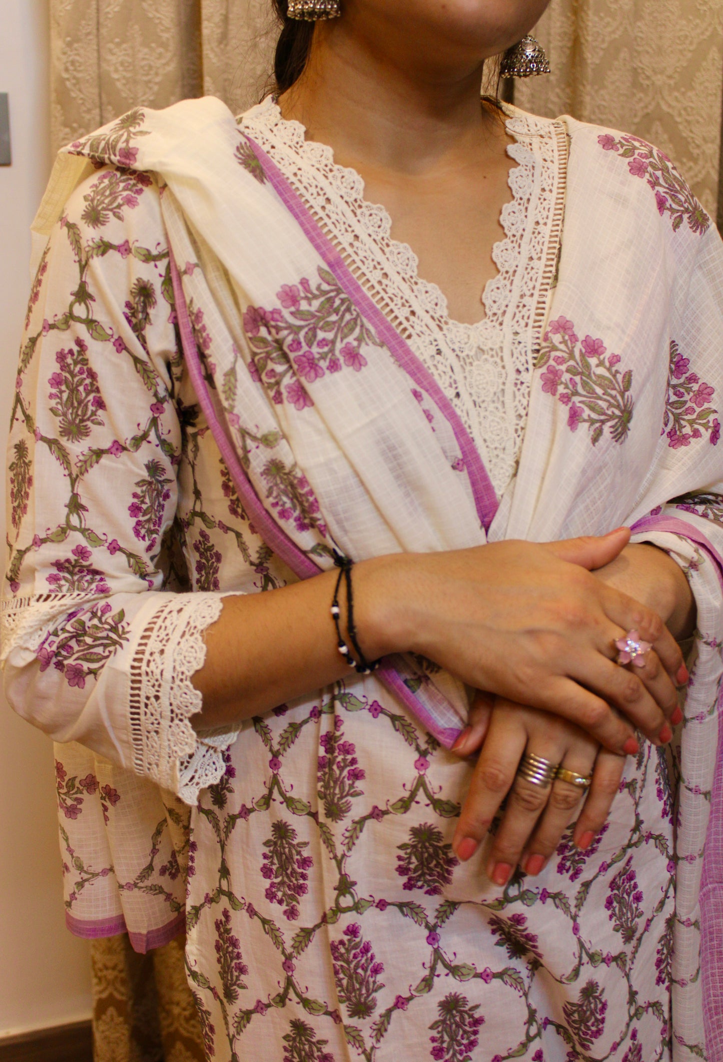Ivory & Lavender Handblock Print Cotton Suit Set with Dupatta | Traditional Ethnic Wear for Women