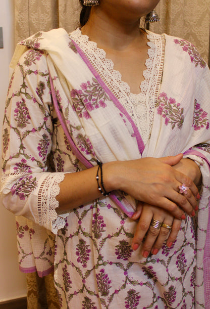 Ivory & Lavender Handblock Print Cotton Suit Set with Dupatta | Traditional Ethnic Wear for Women