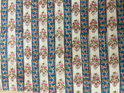 100% Cotton Hand Block Print Fabric | Floral Stripe Jaipur Print Cotton Fabric | Indian Handmade Fabric for Dresses, Quilts & Home Decor