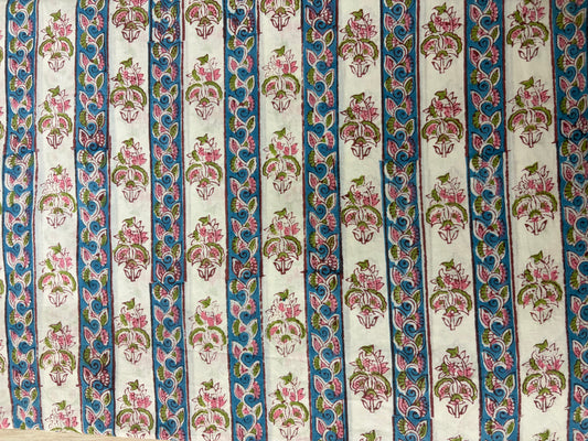 100% Cotton Hand Block Print Fabric | Floral Stripe Jaipur Print Cotton Fabric | Indian Handmade Fabric for Dresses, Quilts & Home Decor
