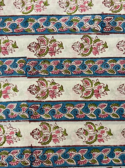 100% Cotton Hand Block Print Fabric | Floral Stripe Jaipur Print Cotton Fabric | Indian Handmade Fabric for Dresses, Quilts & Home Decor
