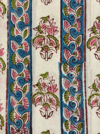 100% Cotton Hand Block Print Fabric | Floral Stripe Jaipur Print Cotton Fabric | Indian Handmade Fabric for Dresses, Quilts & Home Decor