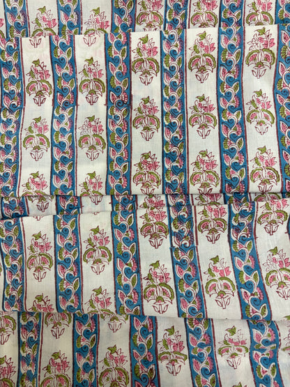 100% Cotton Hand Block Print Fabric | Floral Stripe Jaipur Print Cotton Fabric | Indian Handmade Fabric for Dresses, Quilts & Home Decor