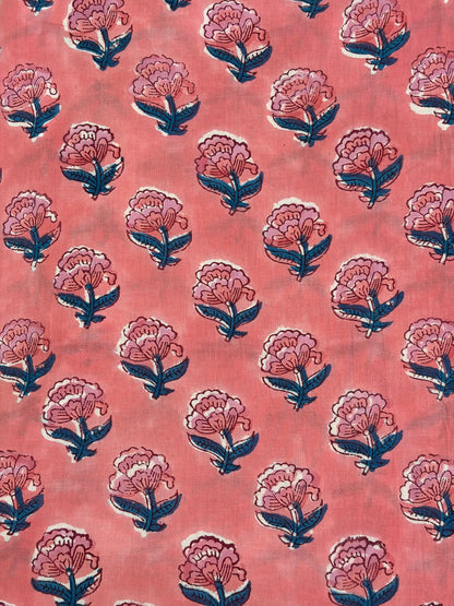 100% Cotton Hand Block Print Fabric | Pink Floral Buta Cotton Fabric | Jaipur Handmade Printed Fabric for Dresses, Quilts & Home Textiles