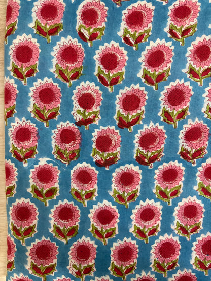100% Cotton Hand Block Print Fabric | Pink Sunflower Floral Cotton Fabric | Jaipur Printed Cotton Fabric for Dresses, Quilts & Home Furnishing