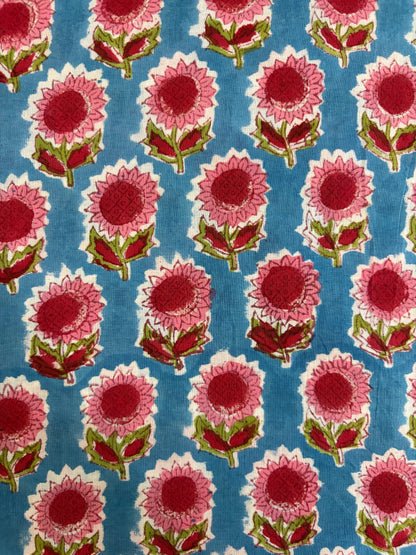 100% Cotton Hand Block Print Fabric | Pink Sunflower Floral Cotton Fabric | Jaipur Printed Cotton Fabric for Dresses, Quilts & Home Furnishing